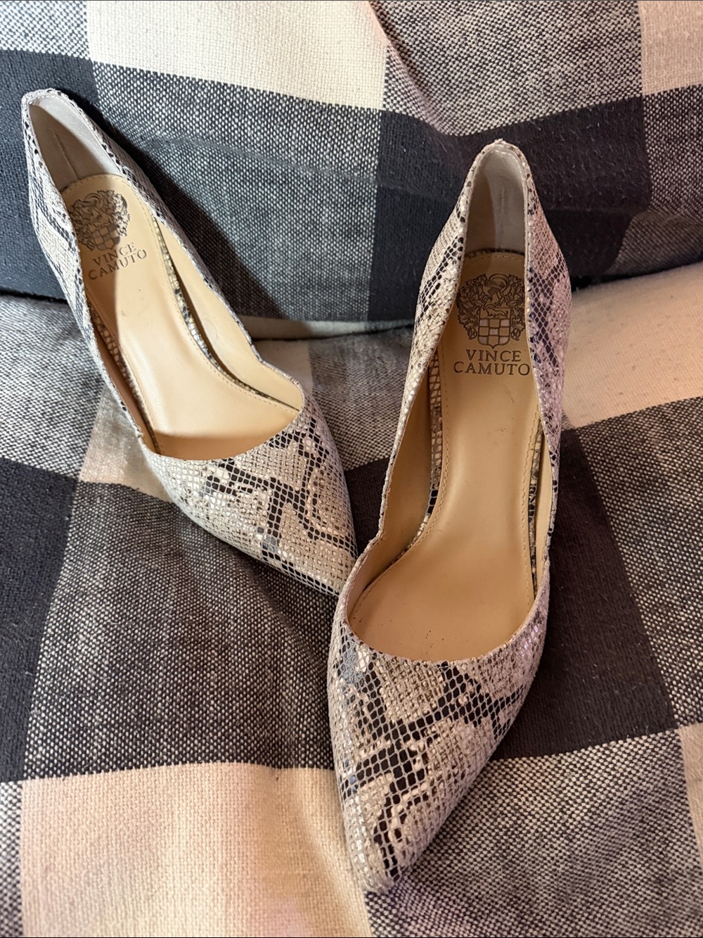 Vince Camuto Beige and Black Snake-Print Pointed Toe Pumps - Picture 8 of 8